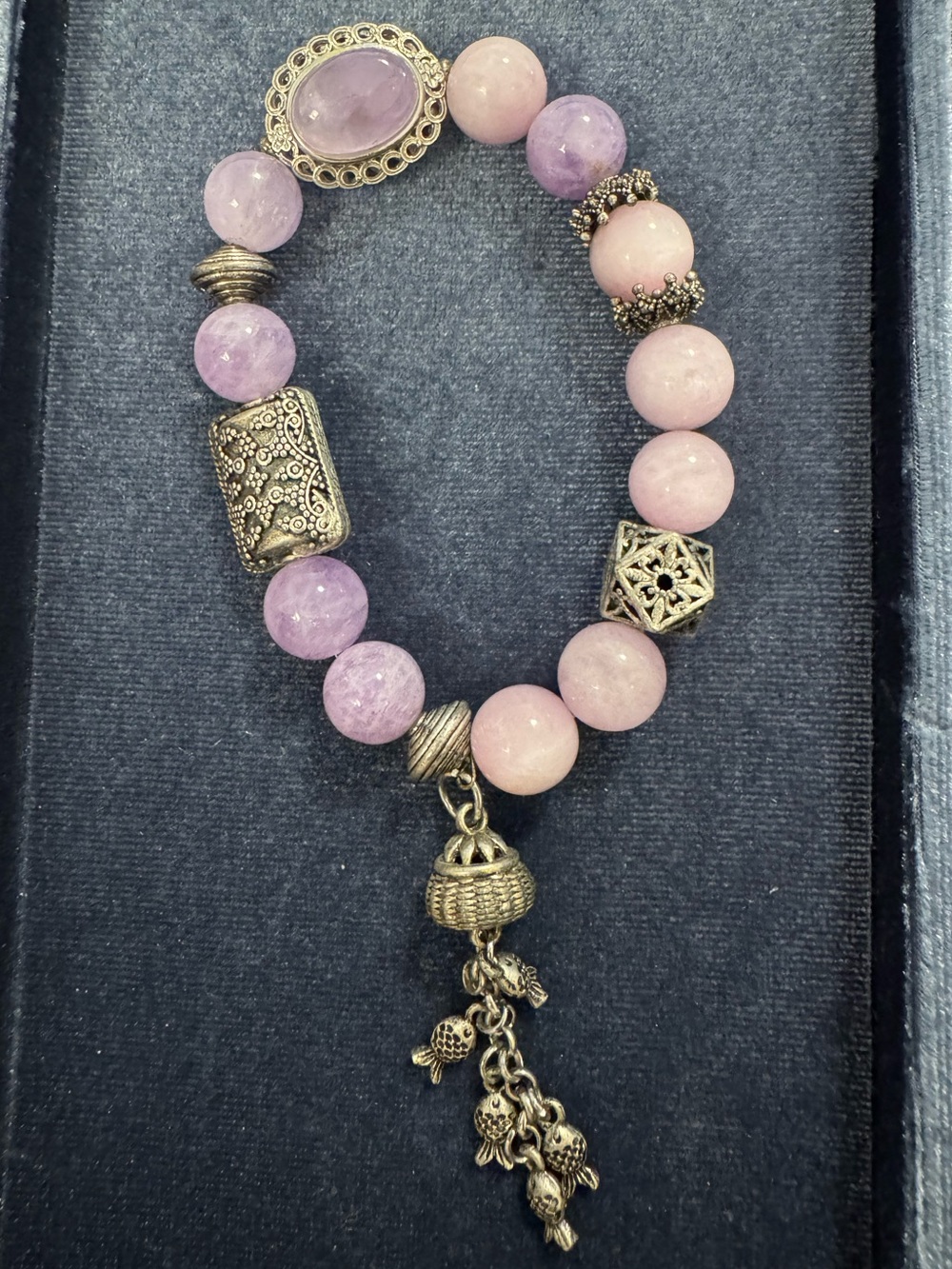 Crystal beaded bracelet amethyst kunzite 925 silver charms